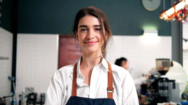 Portrait Young Barista Wearing Apron Looking Camera Excited Small Business — Stock Photo, Image