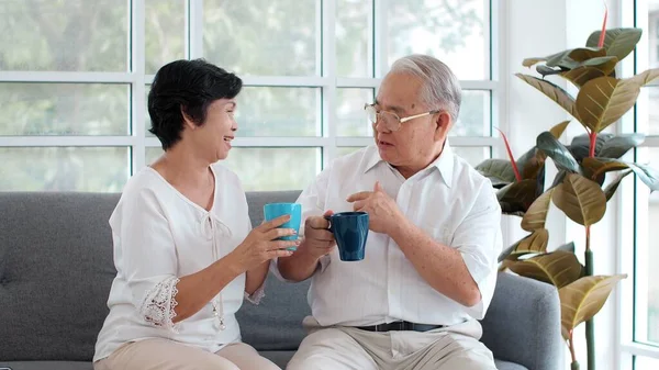Szczęśliwa Azjatycka Starsza Para Siedzi Kanapie Salonie Rozmawiając Przy Herbacie — Zdjęcie stockowe