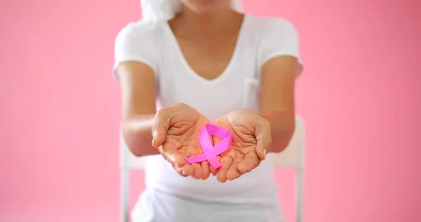 Hands Woman Holding Pink Ribbon Pink Background World Breast Cancer — Stock Photo, Image