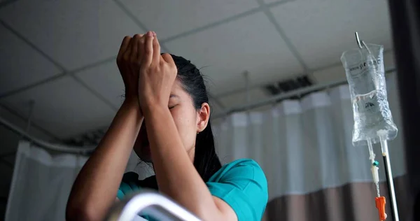 Young Asian Depressed Patient Woman Sitting Wheelchair Closes Her Eyes — Stock Photo, Image