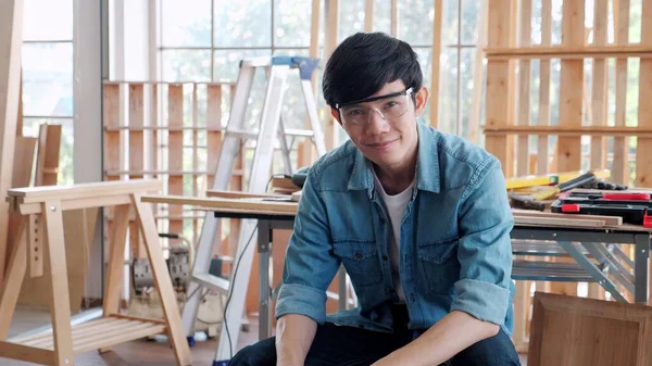 Portrait Young Asian Man Attractive Carpenter Career Positively Look Camera — Stock Photo, Image