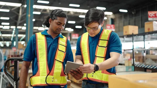 Two Professional Workers Holding Using Tablet Checking Stock Condition Business — Stock Photo, Image