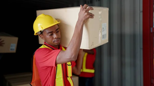 Young African American Black Workers Courier Lifting Cargo Boxes Stacking — Stock Photo, Image