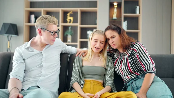 Worried Mom Dad Comforting Depressed Teen Daughter Bonding Home Family — Stock Photo, Image