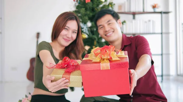 Asian Couple Giving Gift Boxes Camera Merry Christmas Happy New — Stock Photo, Image