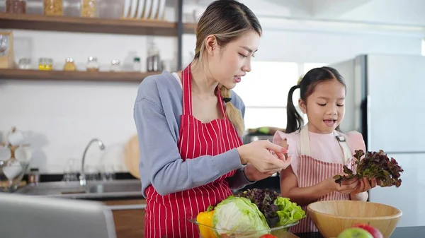Ασιάτισσα Μητέρα Και Κόρη Μαγειρεύουν Μαζί Στην Κουζίνα Ετοιμάζουν Υγιεινό — Φωτογραφία Αρχείου