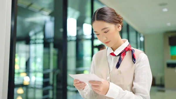 Beautiful Air Hostess Asian Woman Looking Recheck Passport Boarding Pass — Stock Photo, Image