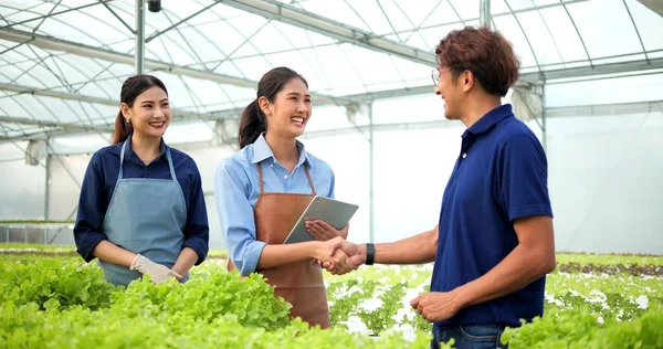 Asian woman farmer and customer partner shake hands to close the deal. Hydroponics farm organic fresh harvested vegetable concept