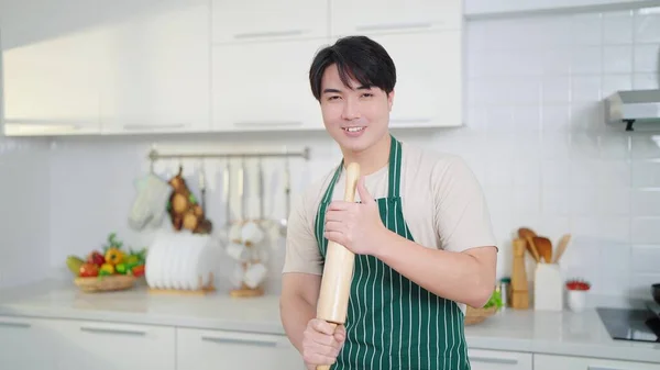 Happy Young Asian Men Wearing Apron Smiling Camera Holding Wooden — Stock Photo, Image