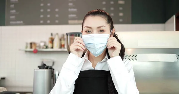 Portrait Close Face Young Woman Barista Apron Wearing Surgical Mask — Stock Photo, Image