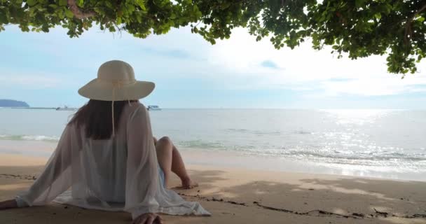 砂浜に座っている女性のバックビュー 休暇や夏の生活の中でリラックスして — ストック動画