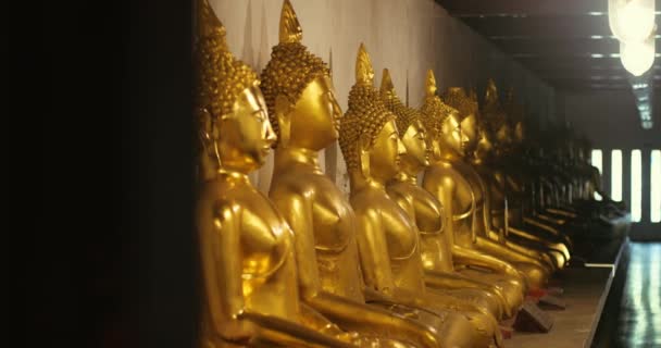Linha Estátuas Buda Ouro Wat Phra Sri Rattana Mahathat Woramahawihan — Vídeo de Stock