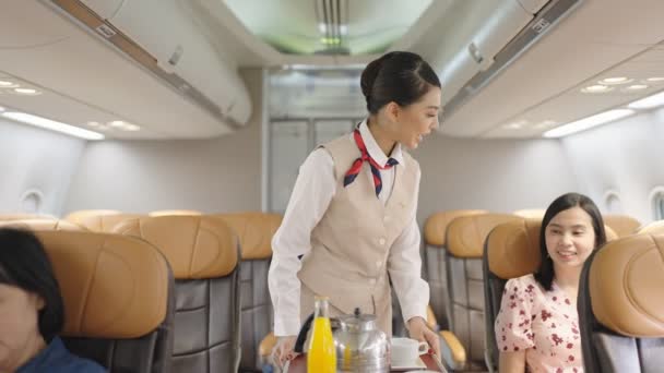 Asiatisk Kvinnlig Flygvärdinna Som Serverar Mat Och Dryck Till Passagerare — Stockvideo