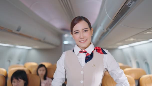 Retrato Atractiva Azafata Asiática Joven Uniforme Mirando Sonriendo Cámara Avión — Vídeos de Stock