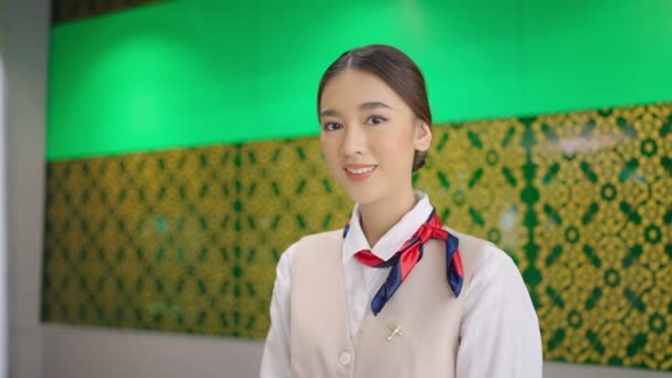 Asian Female Airline Worker Stewardess Aviation Air Hostess Uniform Looking — Stock Video