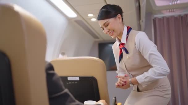 Přátelská Asijská Letuška Servírující Jídlo Mluvící Pasažéry Letadle Letecká Doprava — Stock video
