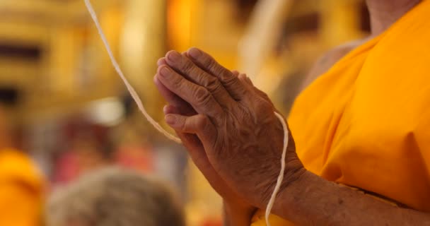 Монахи Повторяют Буддийский Ритуал Молитва Медитация Храме Положите Ладони Рук — стоковое видео