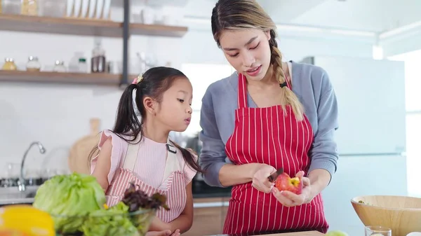 Jovem Mãe Asiática Ensinando Pequena Filha Cortando Maçãs Comer Fruta — Fotografia de Stock