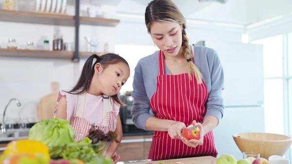 Jovem Mãe Asiática Ensinando Pequena Filha Cortando Maçãs Comer Fruta — Fotografia de Stock