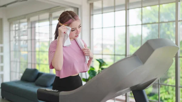 Young Asian Women Exercise Machine Home Sporty Woman Running Elliptical — Stock Photo, Image