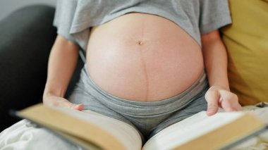 Hamile bir kadın evdeki oturma odasında rahat bir kanepede otururken kitap okuyor. Hamile bir kadını rahatlatmak kitap okumaktan zevk alır. Hamilelik konsepti