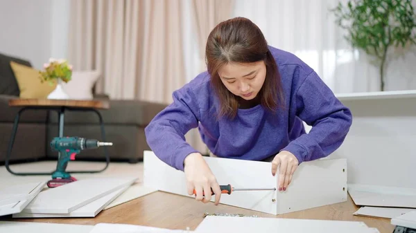 Junge Asiatische Frauen Schrauben Mit Festgeschraubten Schrauben Neue Möbel Selbst — Stockfoto
