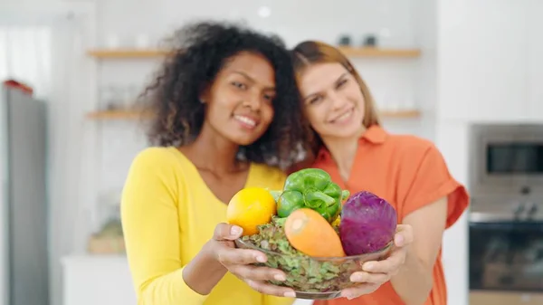 Happy Lesbian Woman Couple Holding Basket Fruits Vegetables Hands Smiling — Stock Photo, Image