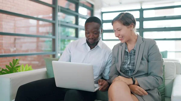 Two Smart Business People Working Together Laptop While Talking Coworking — Stock Photo, Image