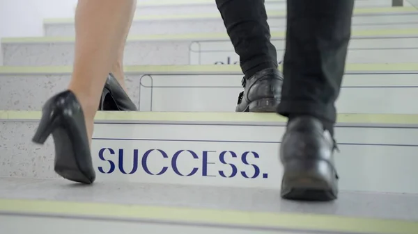 Close Stepping Businessman Woman Walking Stairs Office Two Businesspeople Going — Stock Photo, Image