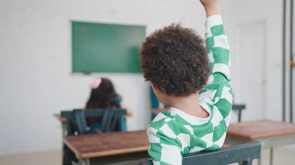 Afro Amerikalı Öğrenci Sınıfta Ders Sırasında Soru Sormak Için Elini — Stok fotoğraf