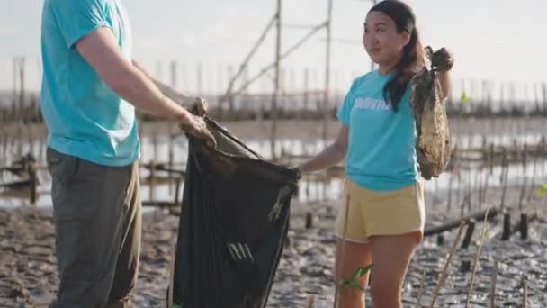 Couple Volunteers Helping Pick Waste Garbage Bags Cleaning Green Mangrove — Stock Video