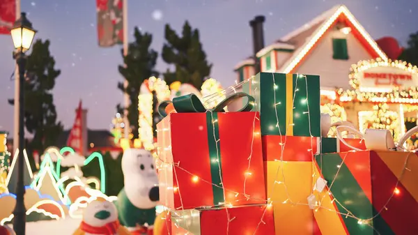 メリークリスマス クリスマスの装飾 ライトが付いている装飾のギフト用の箱 ハッピーニューイヤー ノエル 冬季休暇について 装飾された燃える点滅ライト — ストック写真