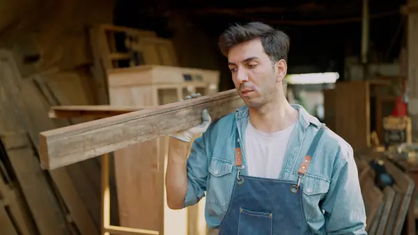 Young Carpenter Man Working Woodworking Furniture Factory Carpenter Man Making Stock Image