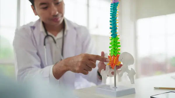 Young Asian Male Doctor Orthopedic Explaining Back Injury Disease Patient Stock Image