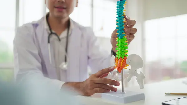 Young Asian Male Doctor Orthopedic Explaining Back Injury Disease Patient Stock Image