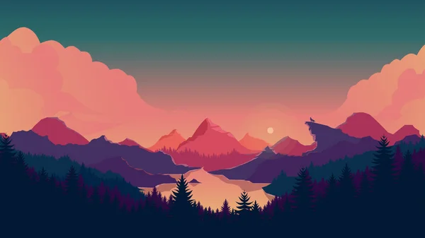 Günbatımı dağları manzara arka plan, rengarenk gökyüzü, düz dağ arkaplan