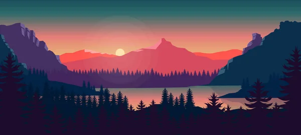 Sonnenuntergang Berge Landschaft Hintergrund Bunte Abstufung Himmel Flache Berghintergrund — Stockvektor