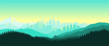 Minimalist düz tasarım tarzında yeşil dağ manzarası duvar kağıdı