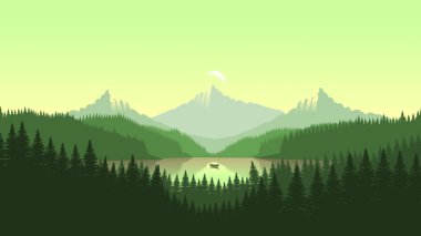 Minimalist düz tasarım tarzında yeşil dağ manzarası duvar kağıdı