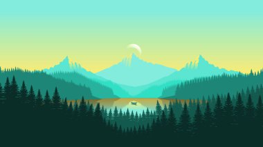 Minimalist düz tasarım tarzında yeşil dağ manzarası duvar kağıdı