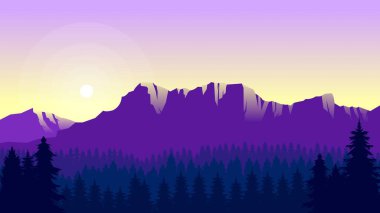 Mor dağ manzarası duvar kağıdı minimalist düz tasarım tarzında.