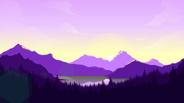 Mor dağ manzarası duvar kağıdı minimalist düz tasarım tarzında.