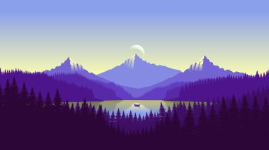 Mor dağ manzarası duvar kağıdı minimalist düz tasarım tarzında.