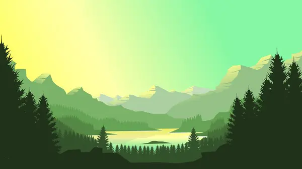 Minimalist düz tasarım tarzında yeşil dağ manzarası duvar kağıdı