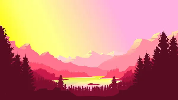 Minimalist düz tasarım tarzında pembe dağ manzarası duvar kağıdı