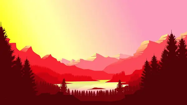 Minimalist düz tasarım tarzında kırmızı dağ manzarası duvar kağıdı