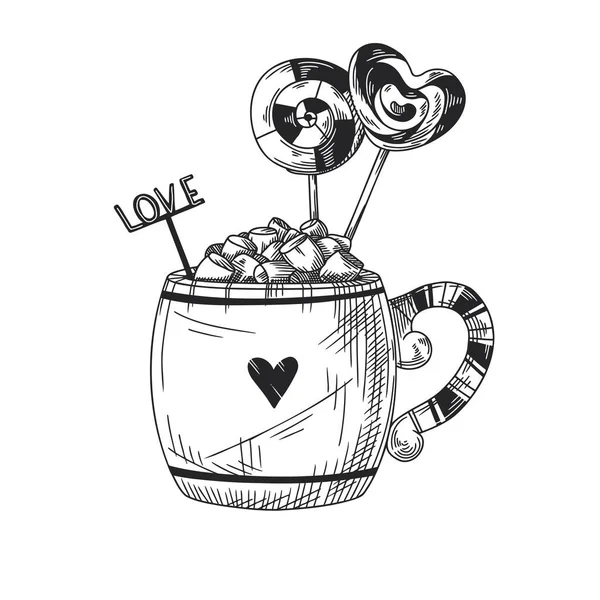 マシュマロ入りのカップ 棒の上のキャンディー そして Love という言葉 ベクトル — ストックベクタ