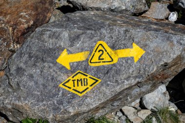 Tour du Mont Blanc iz işareti bir kayanın üzerine boyanmış..