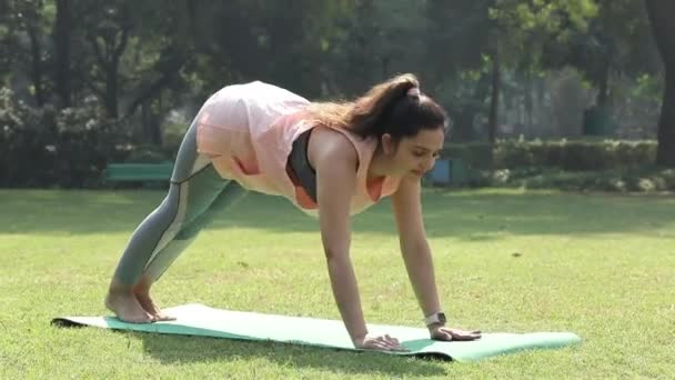 Video Indian Woman Doing Adho Mukha Svanasana Park — Vídeo de stock