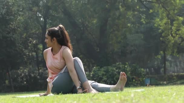 Video Klip Mladé Ženy Dělá Strečink Cvičení Parku — Stock video